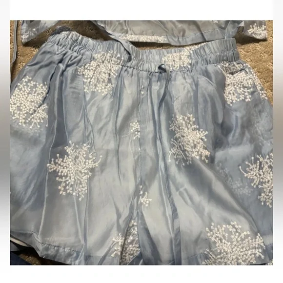 Commense M Semi-Sheer Plant Embroidery Casual Shorts Set Blue cc4 - Picture 8 of 8
